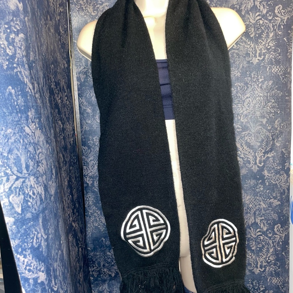 Black embroidered scarf 90 inches 100% acrylic awesome monogram